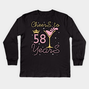 Nana Mommy Aunt Sister Wife Drinking Wine Cheers To 58 Years Happy Birthday To Me You Kids Long Sleeve T-Shirt